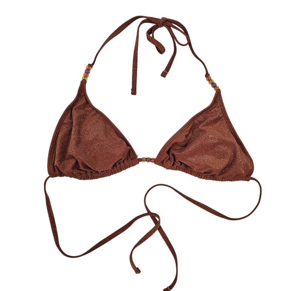 Wild Fable Copper Metallic Glitter Triangle Bikini Top Beaded Halter Brown L